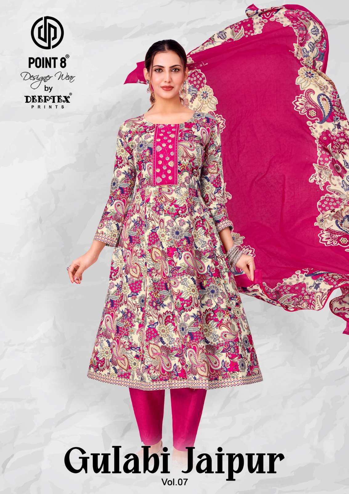 Deeptext Point 8 Gulabi Jaipur vol 7 Cotton Anarkali Style Kurti Pant Dupatta set at krisha creation wholesaler