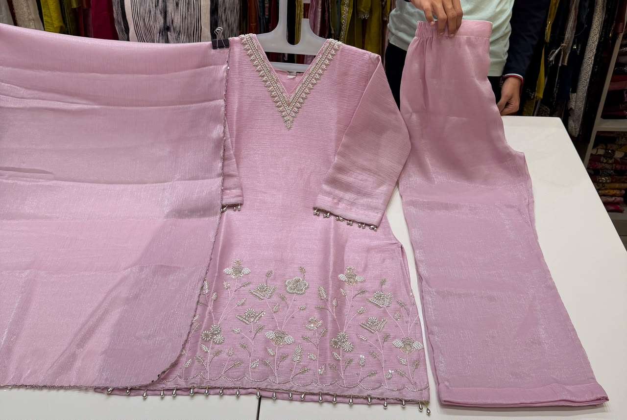 Glass Crush with inner beads work kurti palazzo dupatta set