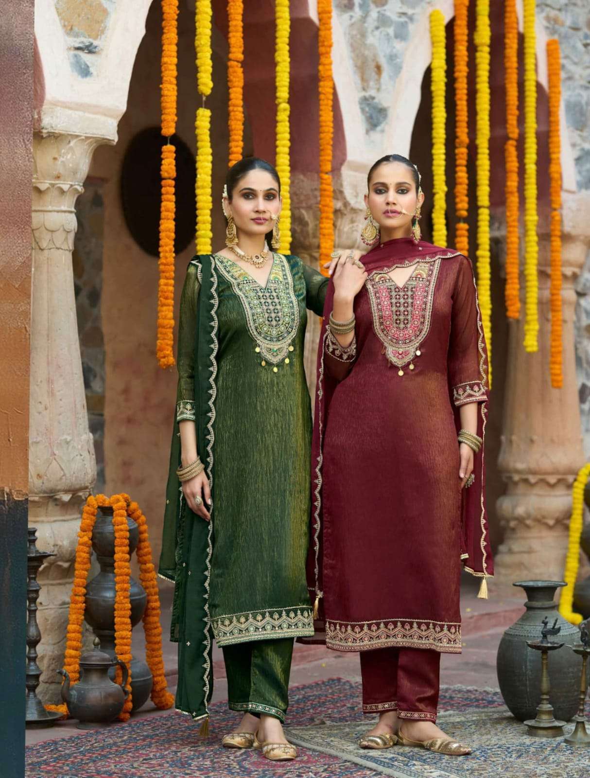 gold coin Premium diamond silk fancy code work kurti with pant dupatta set at wholesaler krisha creation