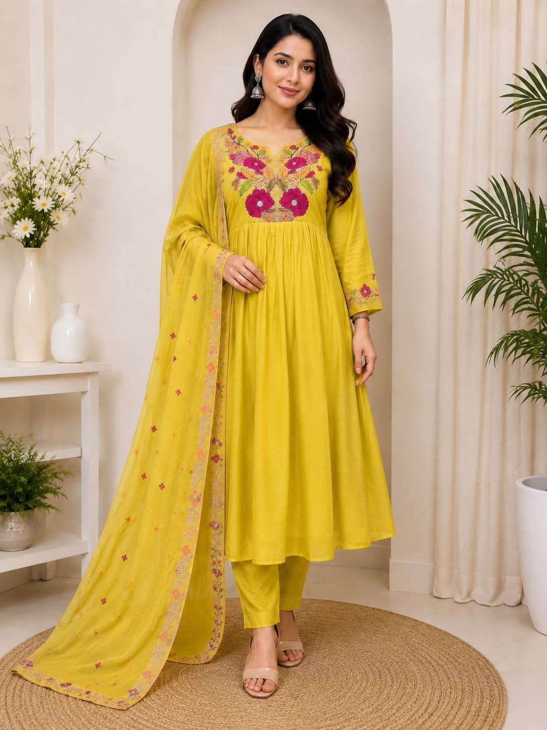 Mul Chanderi Embroidery Work Kurti with Pant & Dupatta Set Wholesale