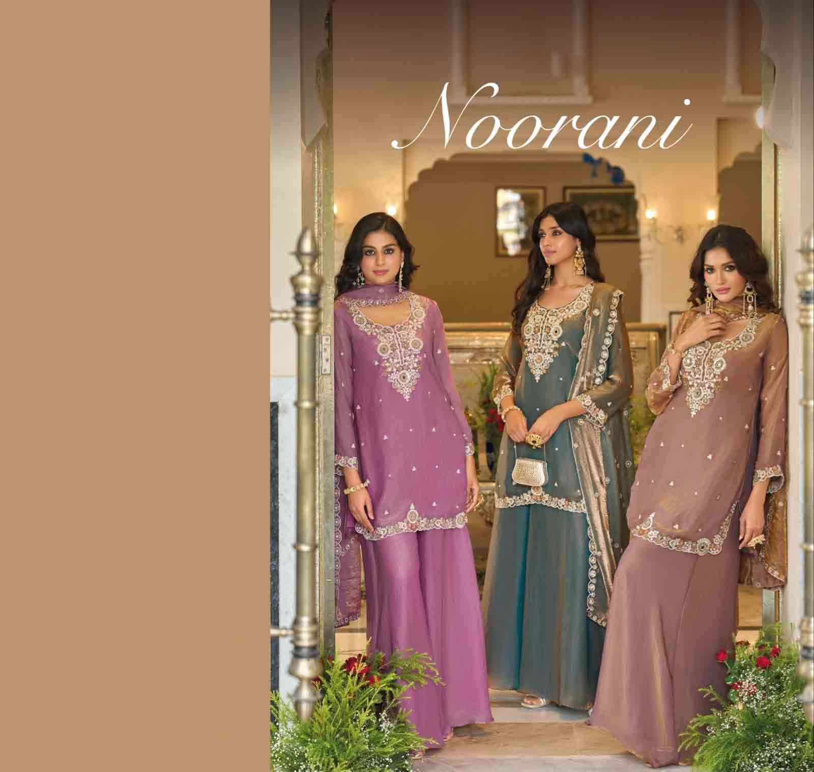 noorani fandy satin with beads work top with palazzo and dupatta set now at wholesaler krisha creation