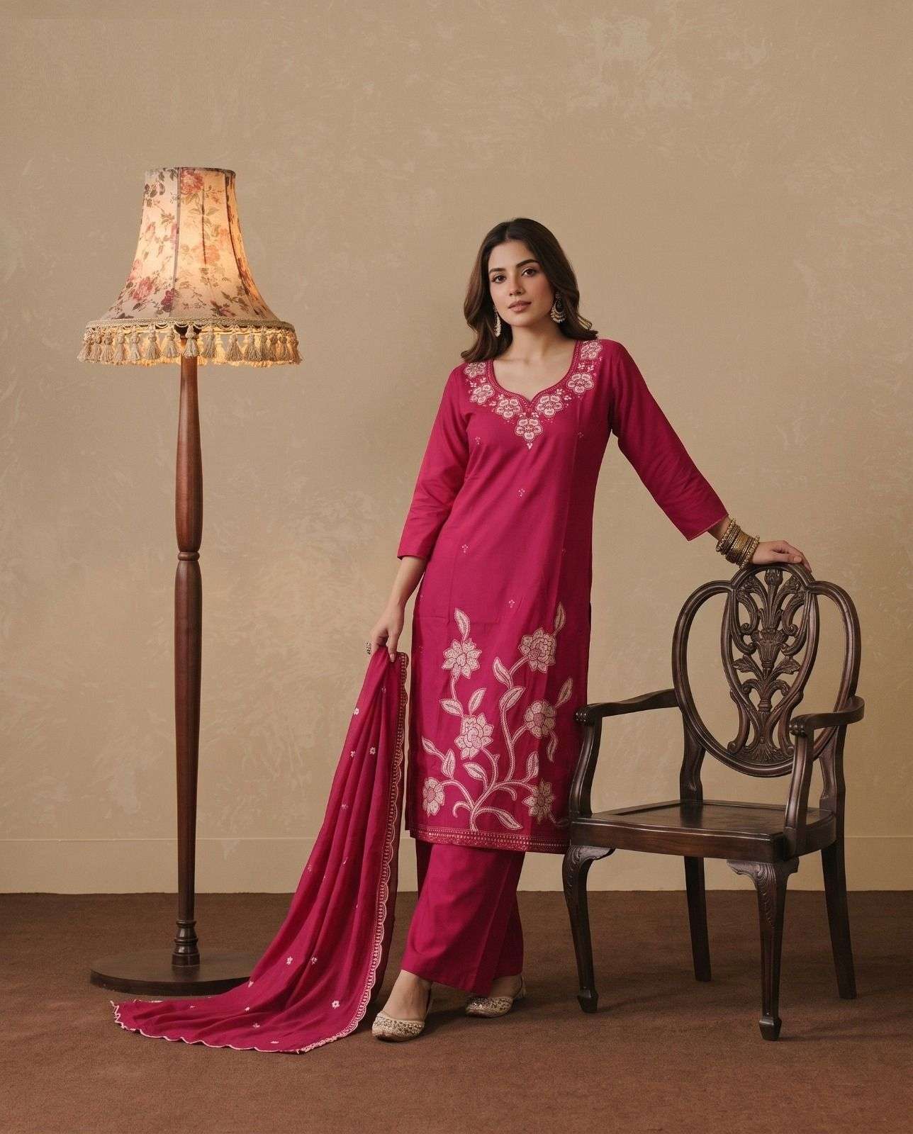 dhabu cotton heavy work on kurti with pant dupatta set at krisha creation wholesaler