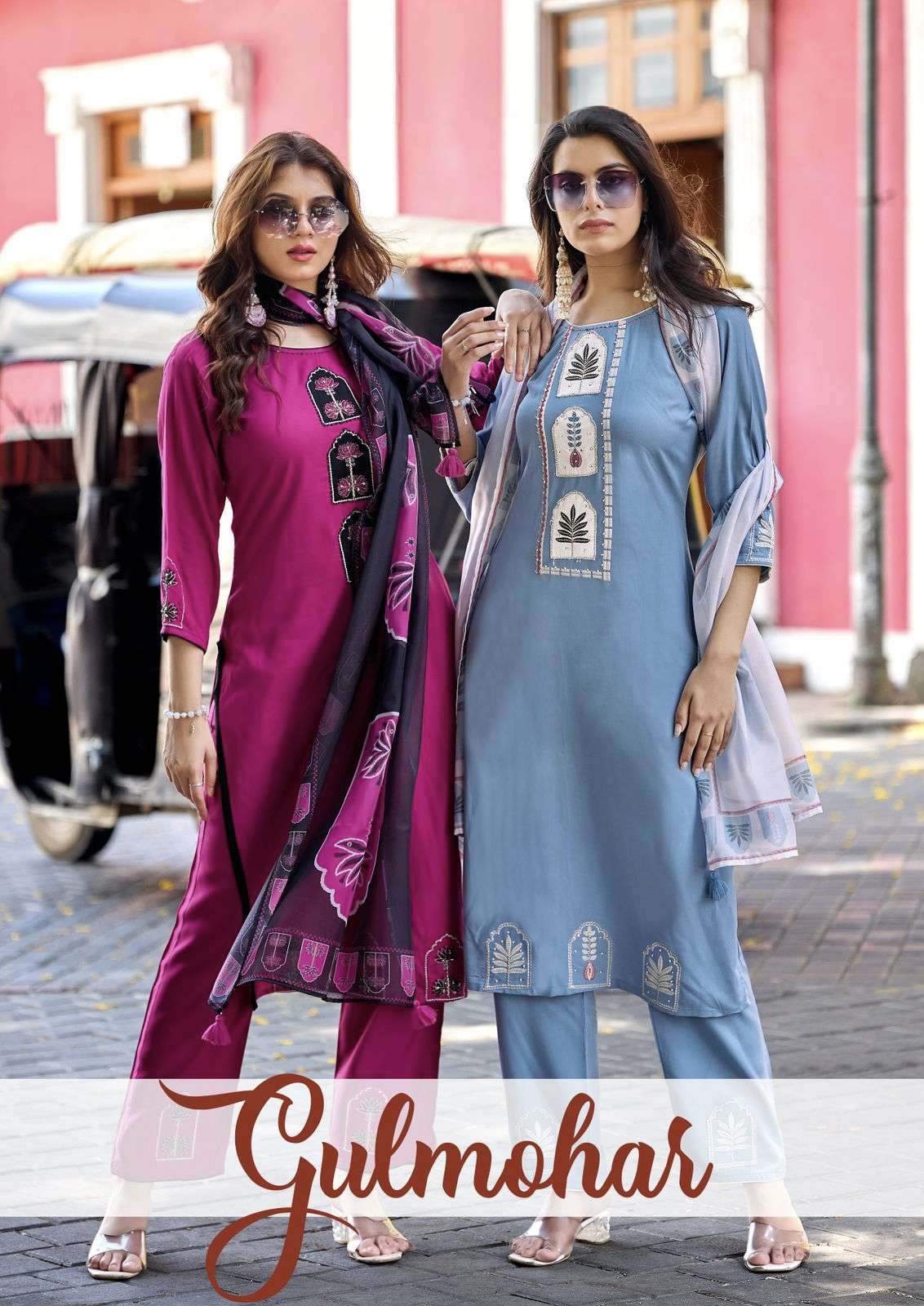 Gulmohar Heavy Rayon Threadwork & Handwork Kurti pant dupatta set at krisha creation wholesaler