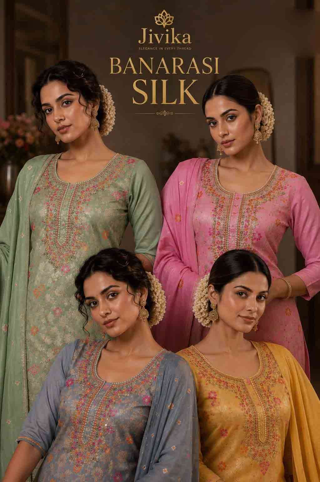 Jivika Banarasi Cotton Silk With Embroidery & Handwork Top with Pant Dupatta set For Festive Season