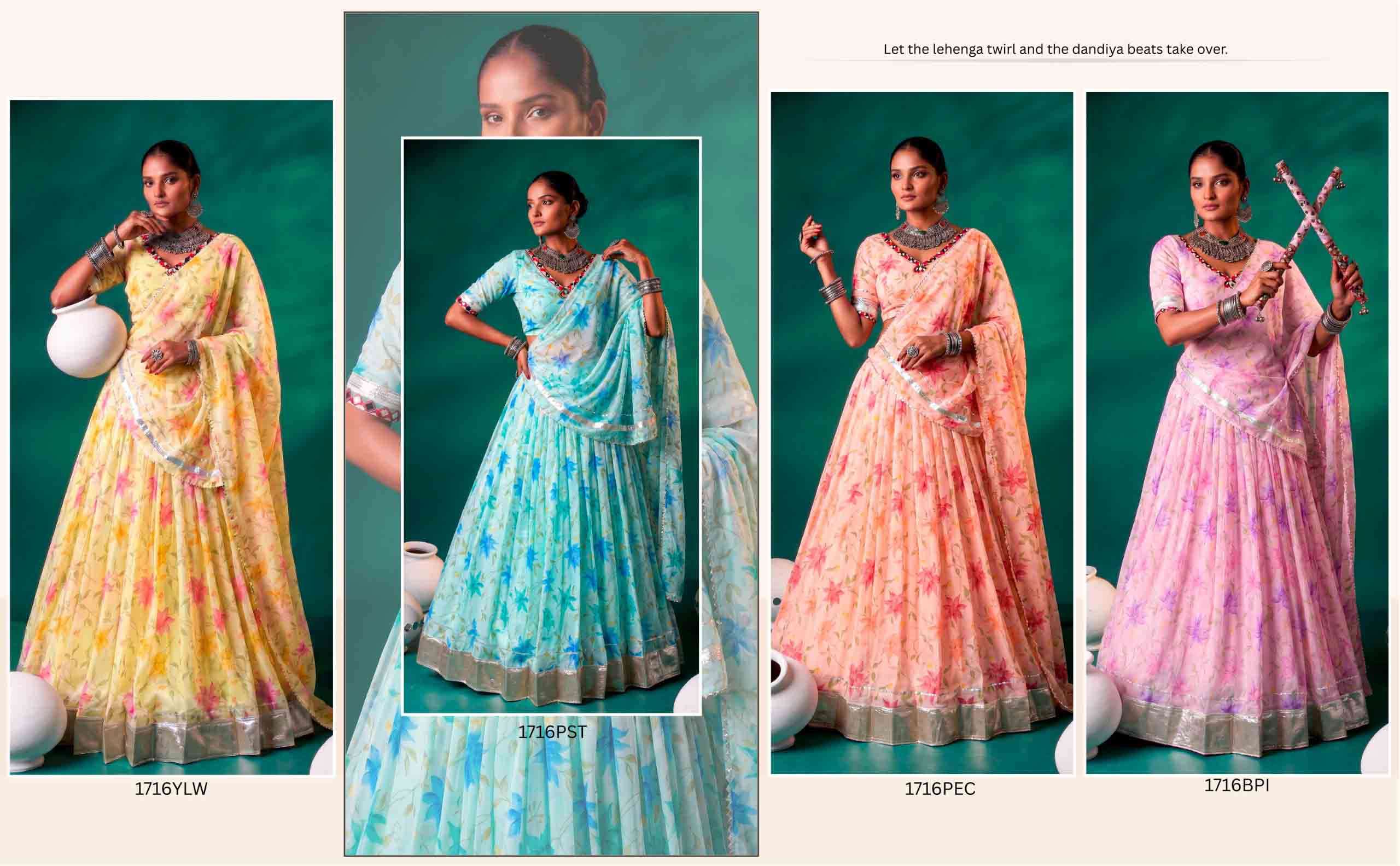 Krisha creation 1716 Navratri collection Drape yourself in the beauty of tradition with a floral Tabby Silk lehenga