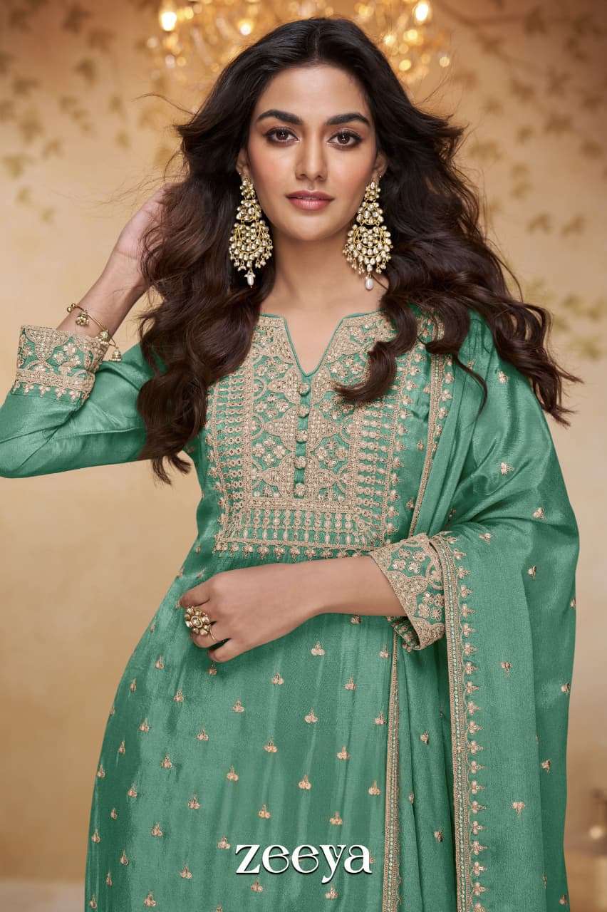 zeeya real chinon heavy embroidery work top with sharara and dupatta set at krisha creation wholesaler