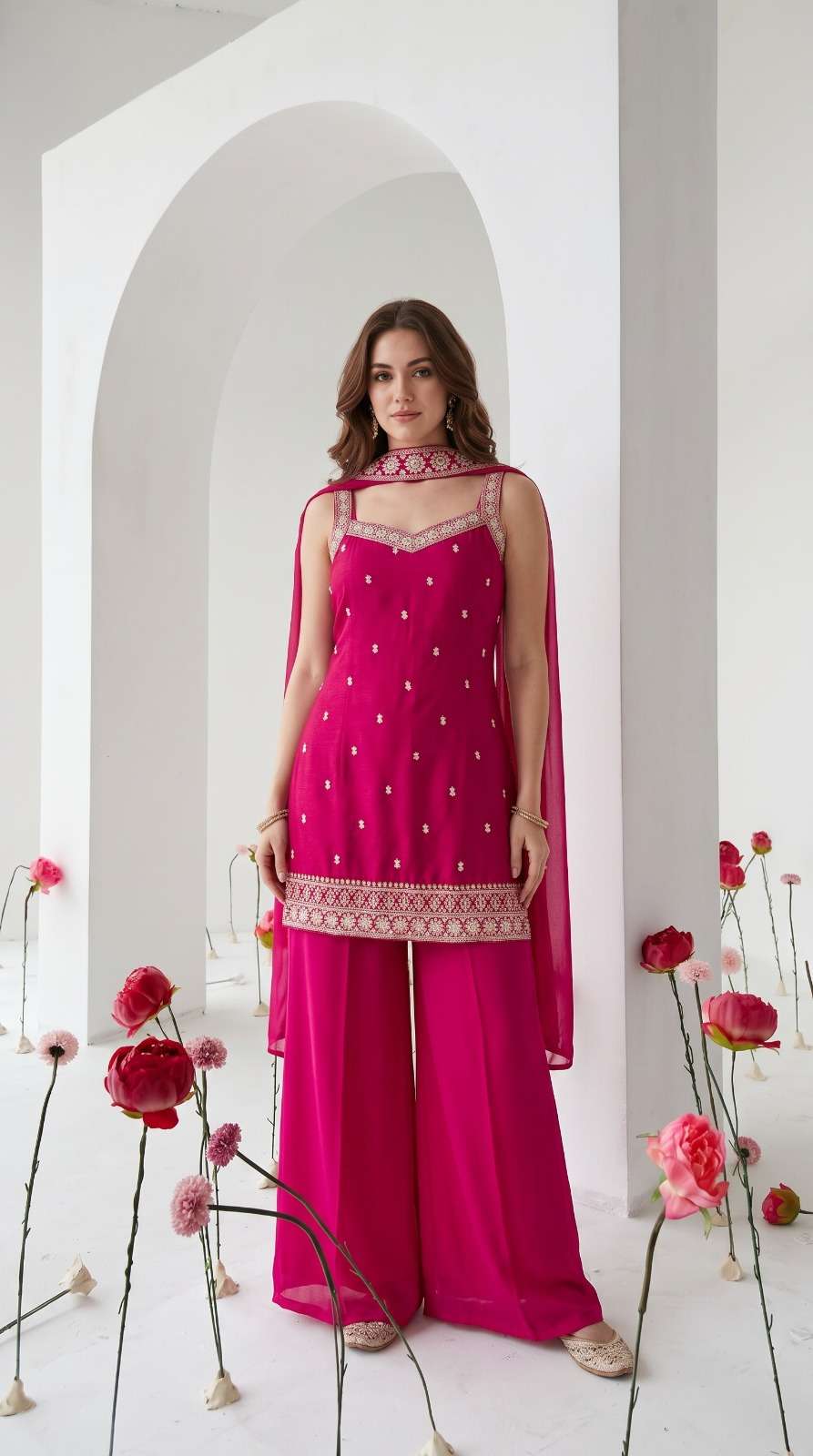 Pratibha vol 2 Fancy Embroidery Chinon Top with Divider Pant and Dupatta set wholesaler krisha creation
