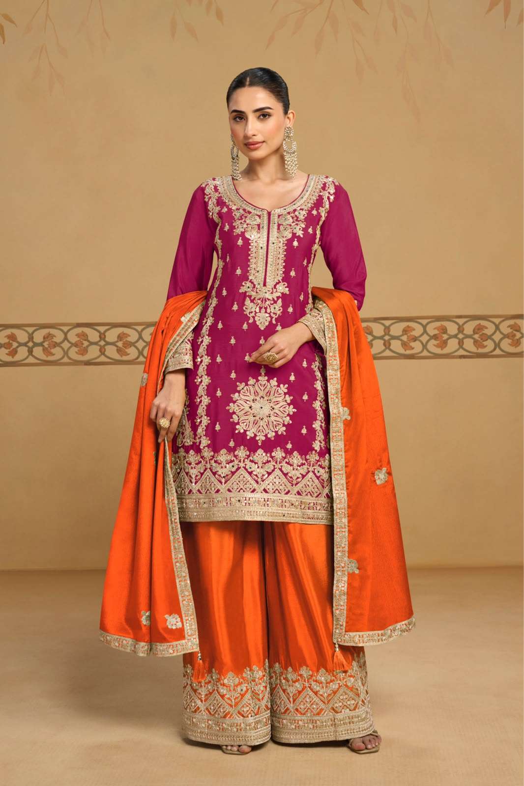 Reva Premium Real chinon with Heavy Embroidery & Handwork on Top with Palazzo and Dupatta set wholesaler