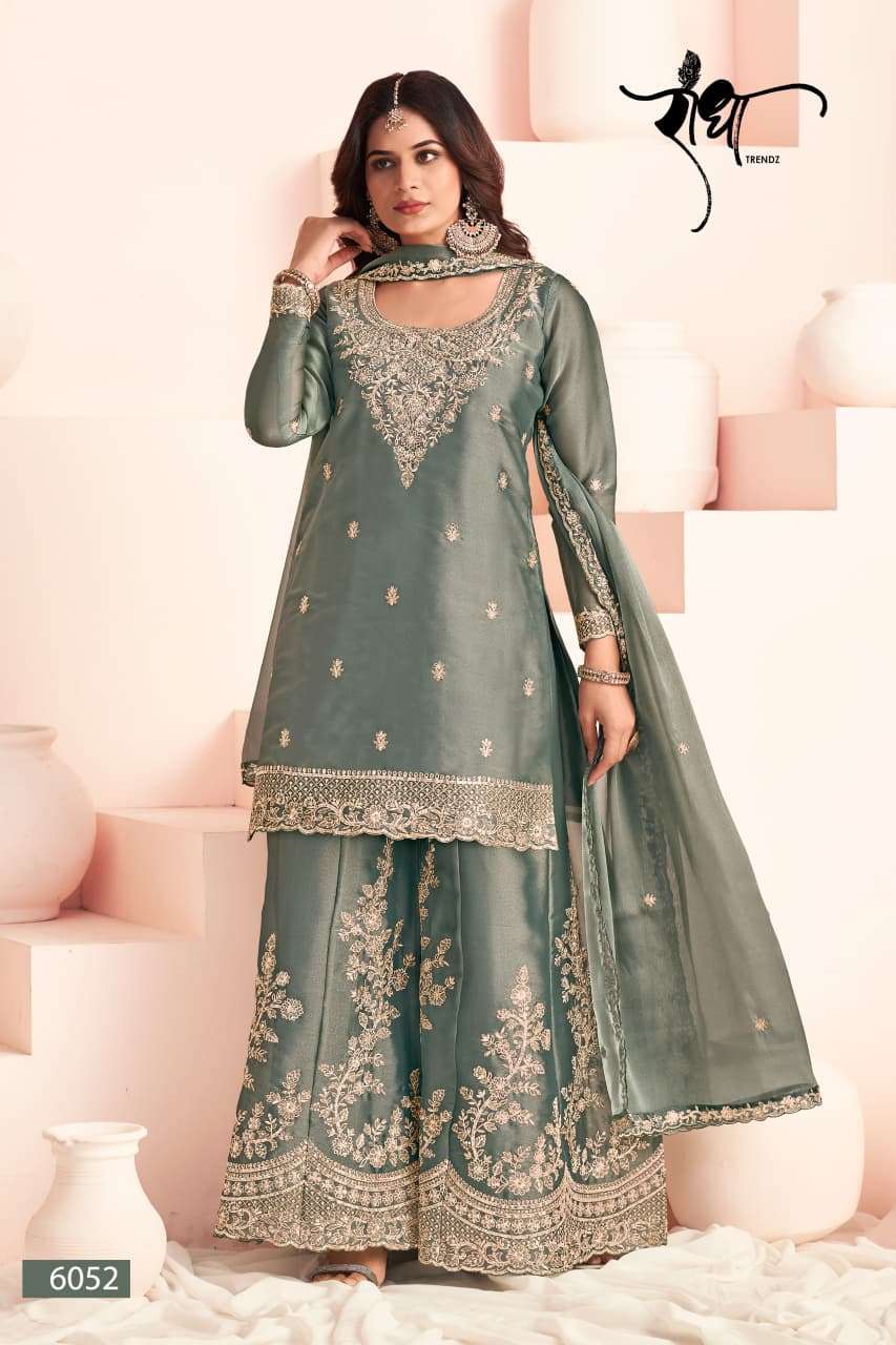 Haseena Radha Trendz Mossilk Embroidery Palazzo Suit Krisha Creation Wholesale Surat