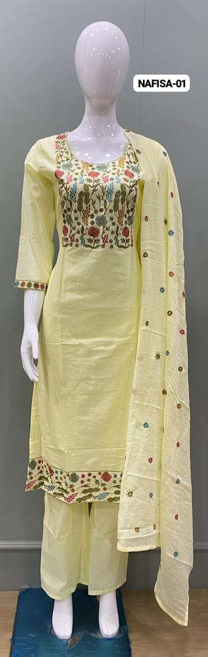 Nafisa Fancy Cambric Cotton Embroidery Kurti with Pant & Embroidered Dupatta set by krisha creation