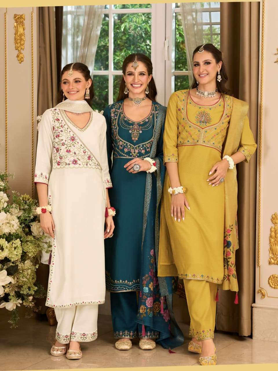 phulkari by krisha creation Embroidery & Hand Work  on Fancy Viscose Silk Kurti Pant Dupatta Set
