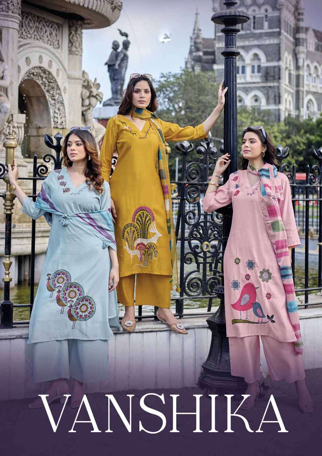 vanshika roman silk embroidery & handwork Kurti pant Dupatta set by krisha creation wholesaler