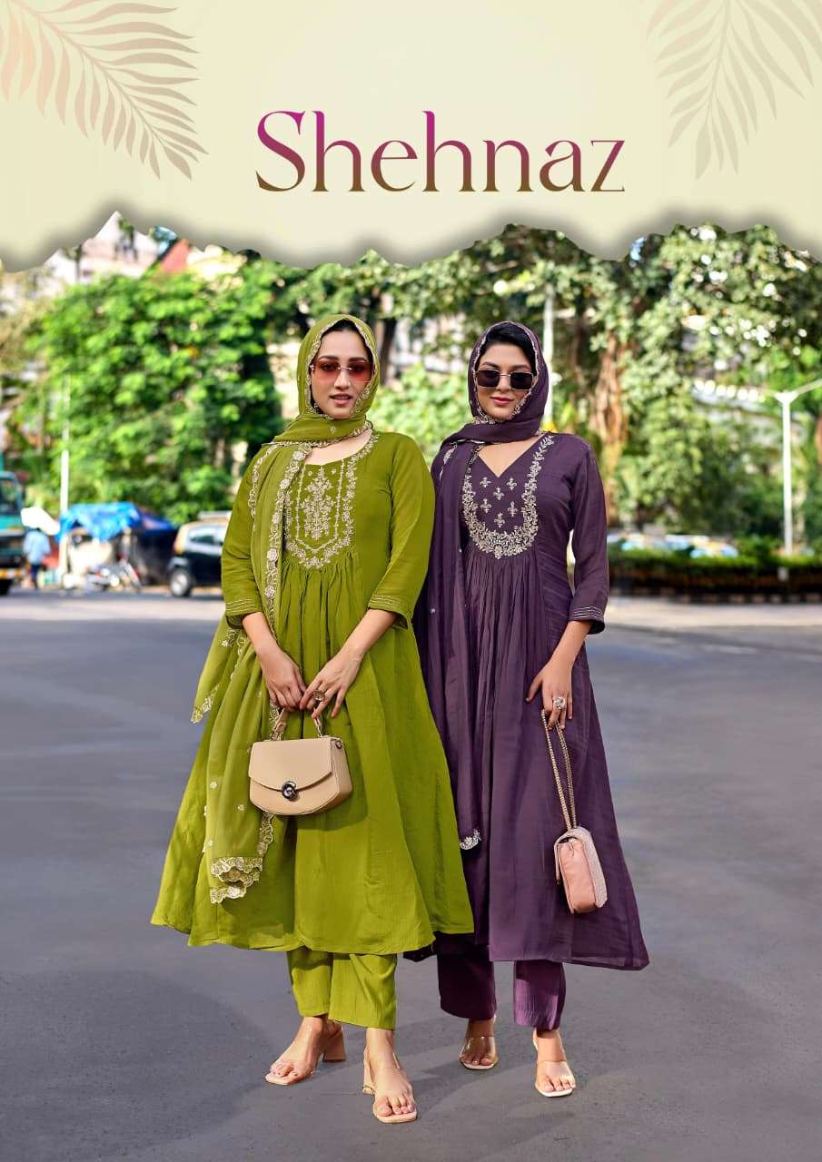 kadlee shehnaz mull chanderi handwork & threadwork kurti with pant dupatta set