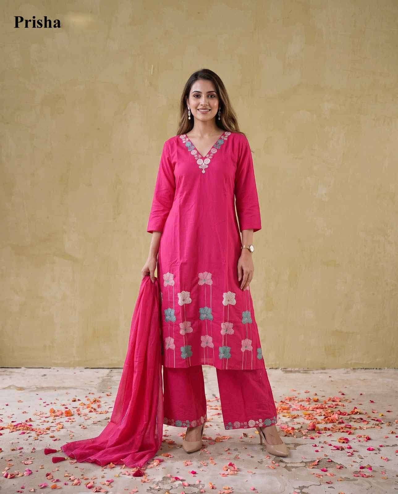 prisha mul cotton fancy light colour embroidery kurti with pant dupatta set collection