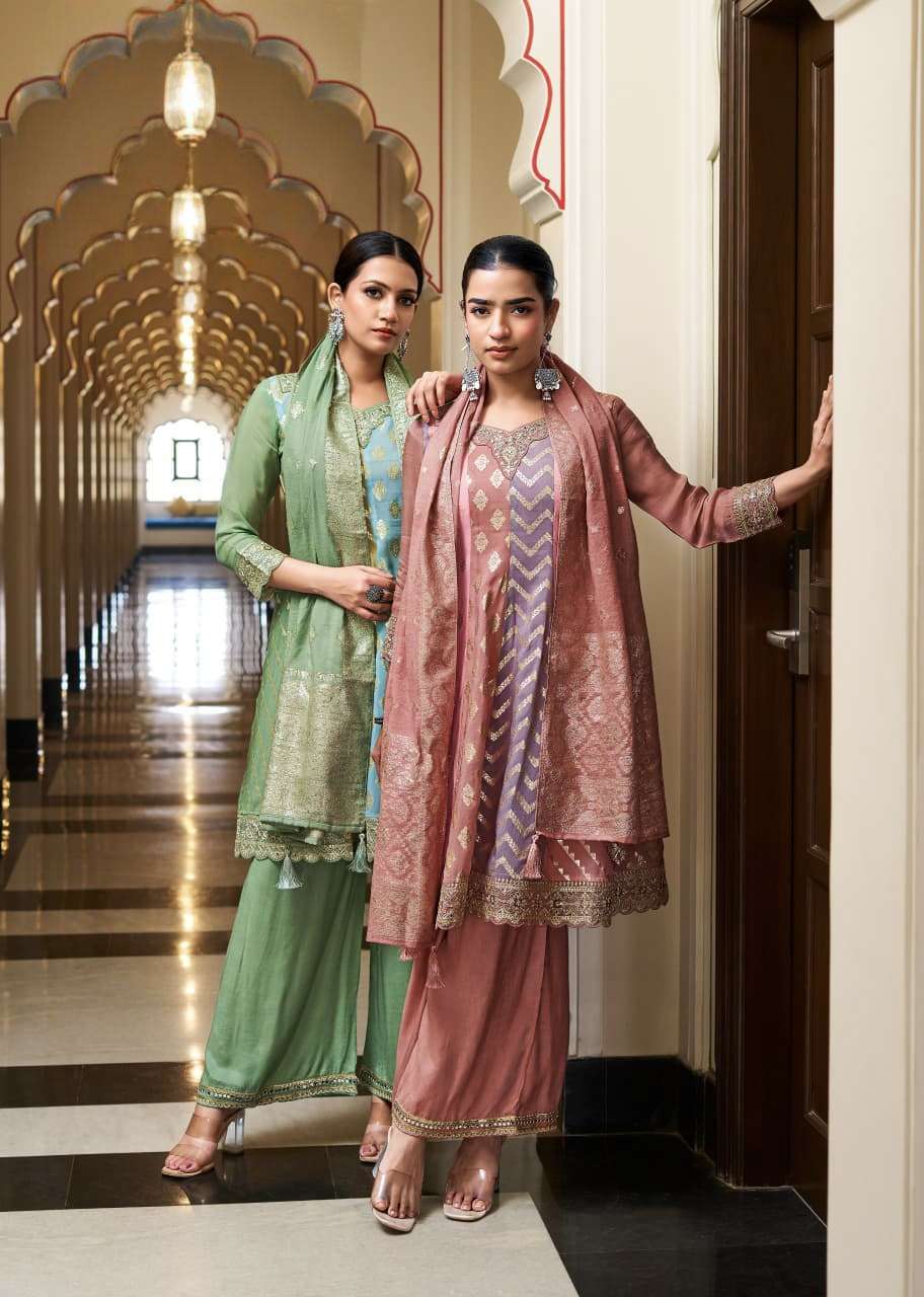 deva by rangoon pure organza jacqaurd anarkali style top with pant & dupatta set now at krisha creation wholesaler