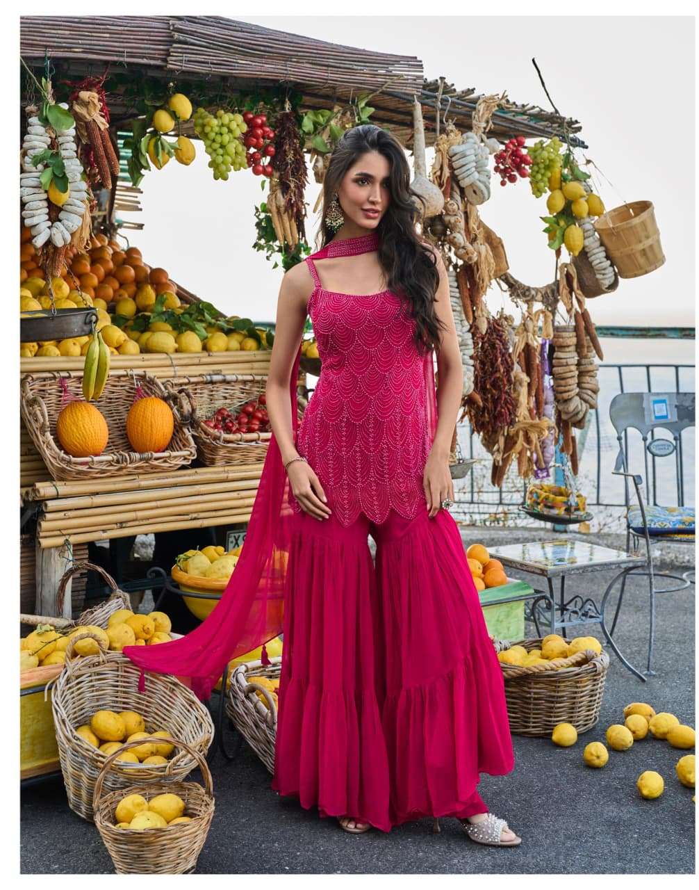 divya by sayuri desiger premium real georgette spaghetti top with sharara and dupatta set