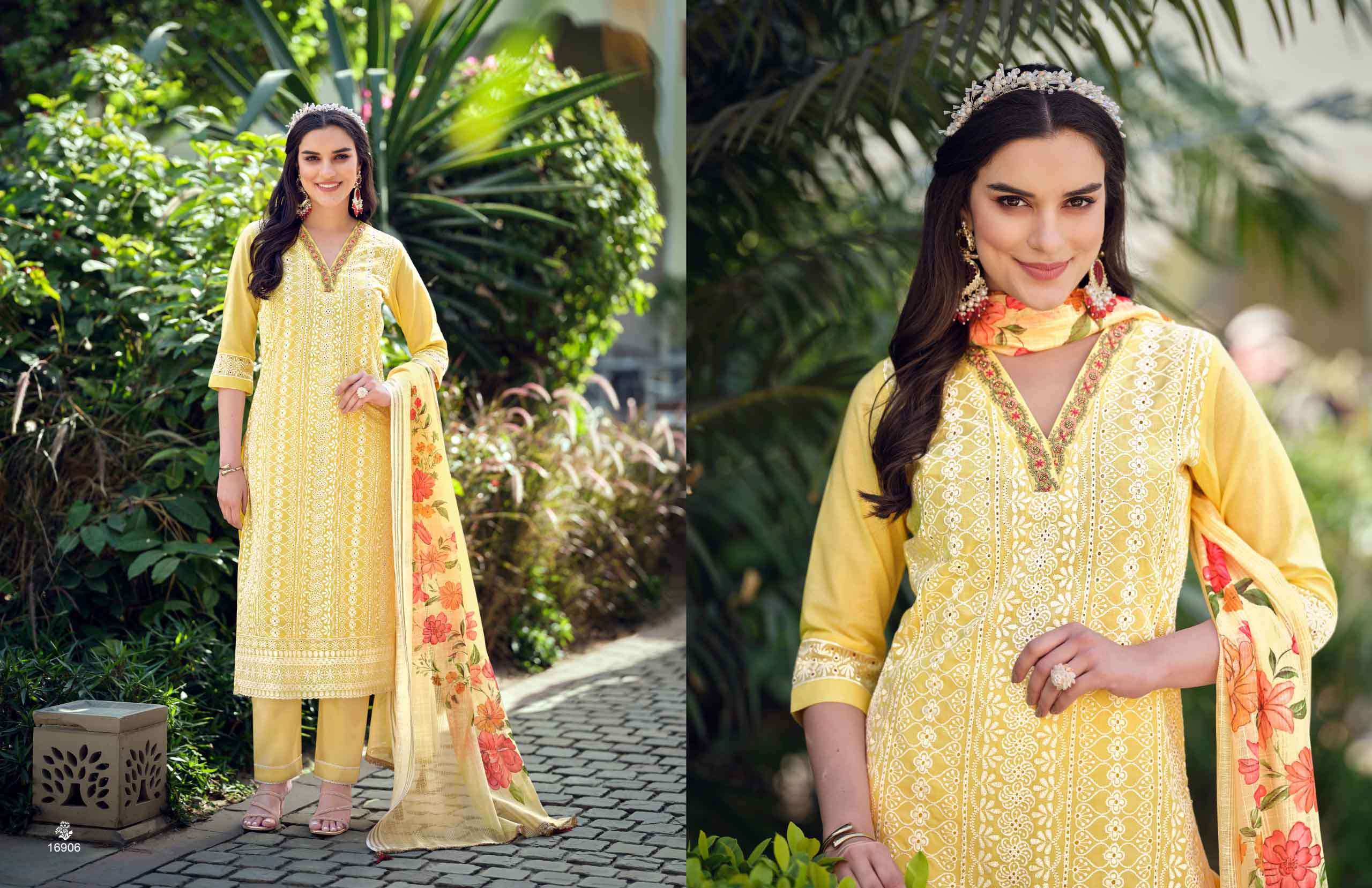 cotton carnival vol 2 lily lali Bored White Schiffli Work And Handwork on kurti pant dupatta
