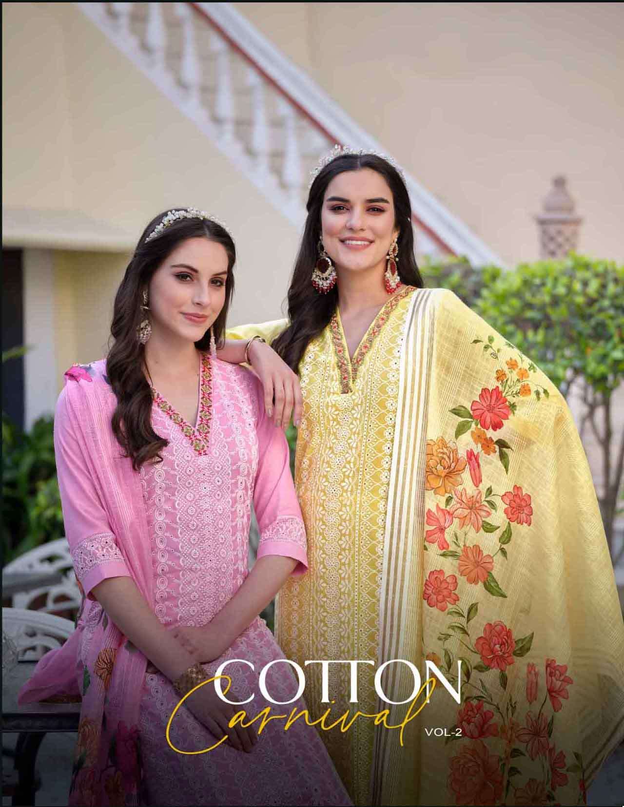 cotton carnival vol 2 lily lali Bored White Schiffli Work And Handwork on kurti pant dupatta