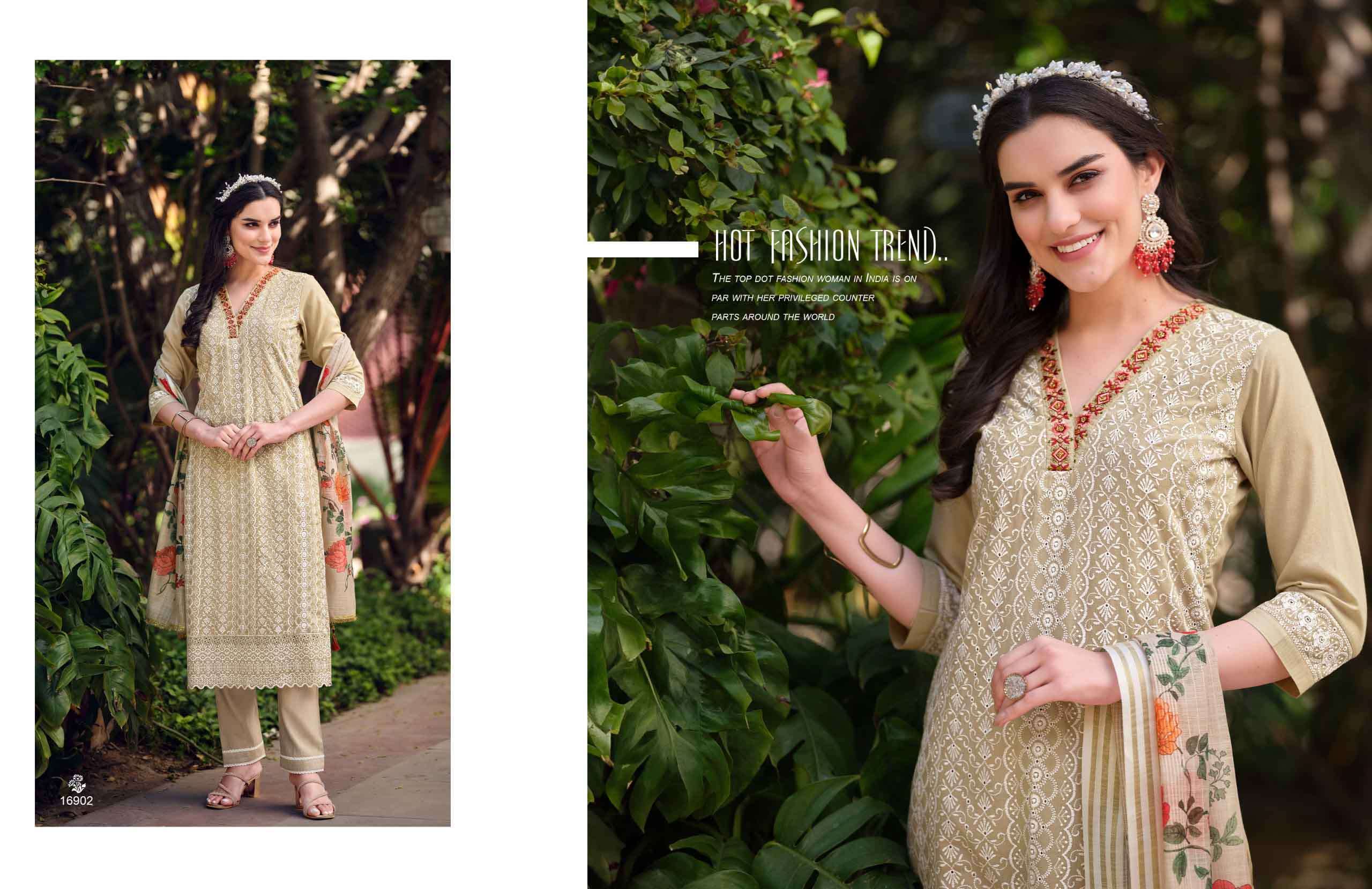 cotton carnival vol 2 lily lali Bored White Schiffli Work And Handwork on kurti pant dupatta