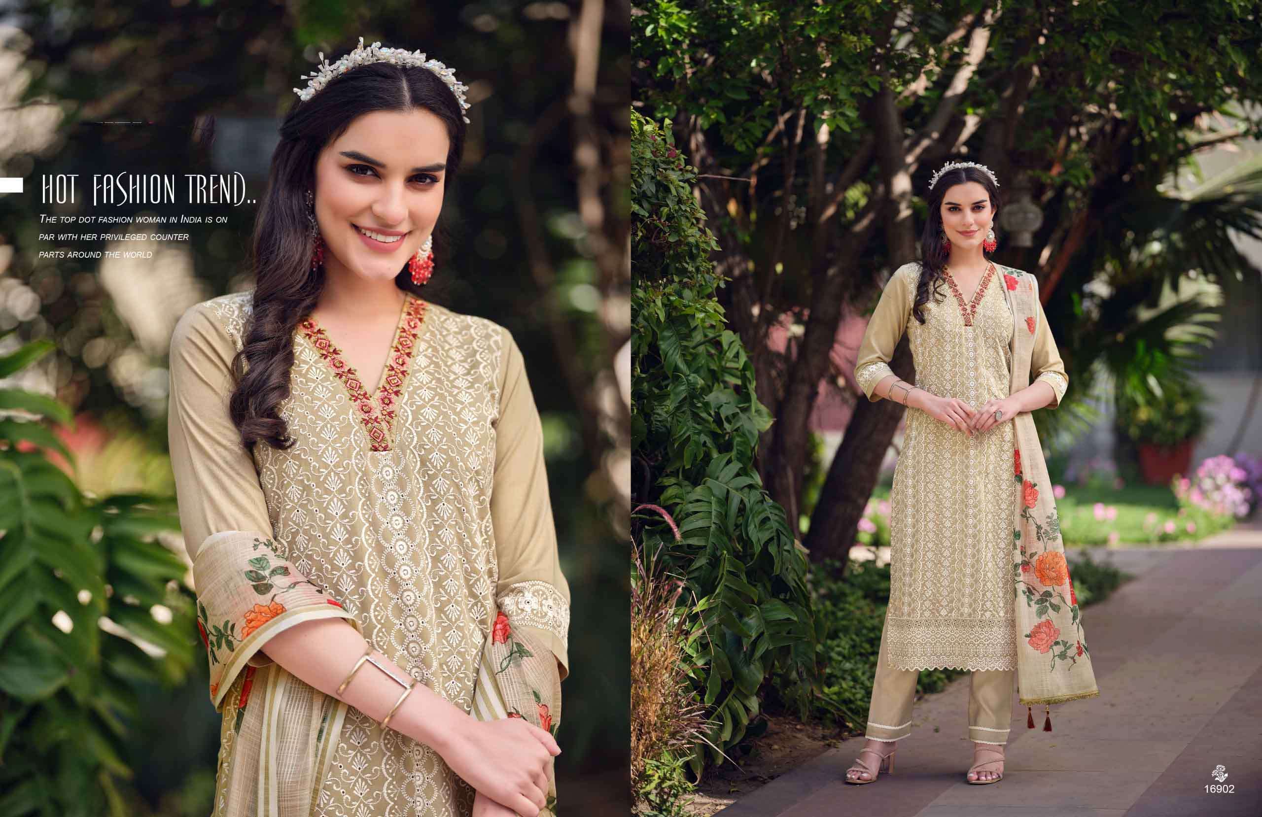 cotton carnival vol 2 lily lali Bored White Schiffli Work And Handwork on kurti pant dupatta