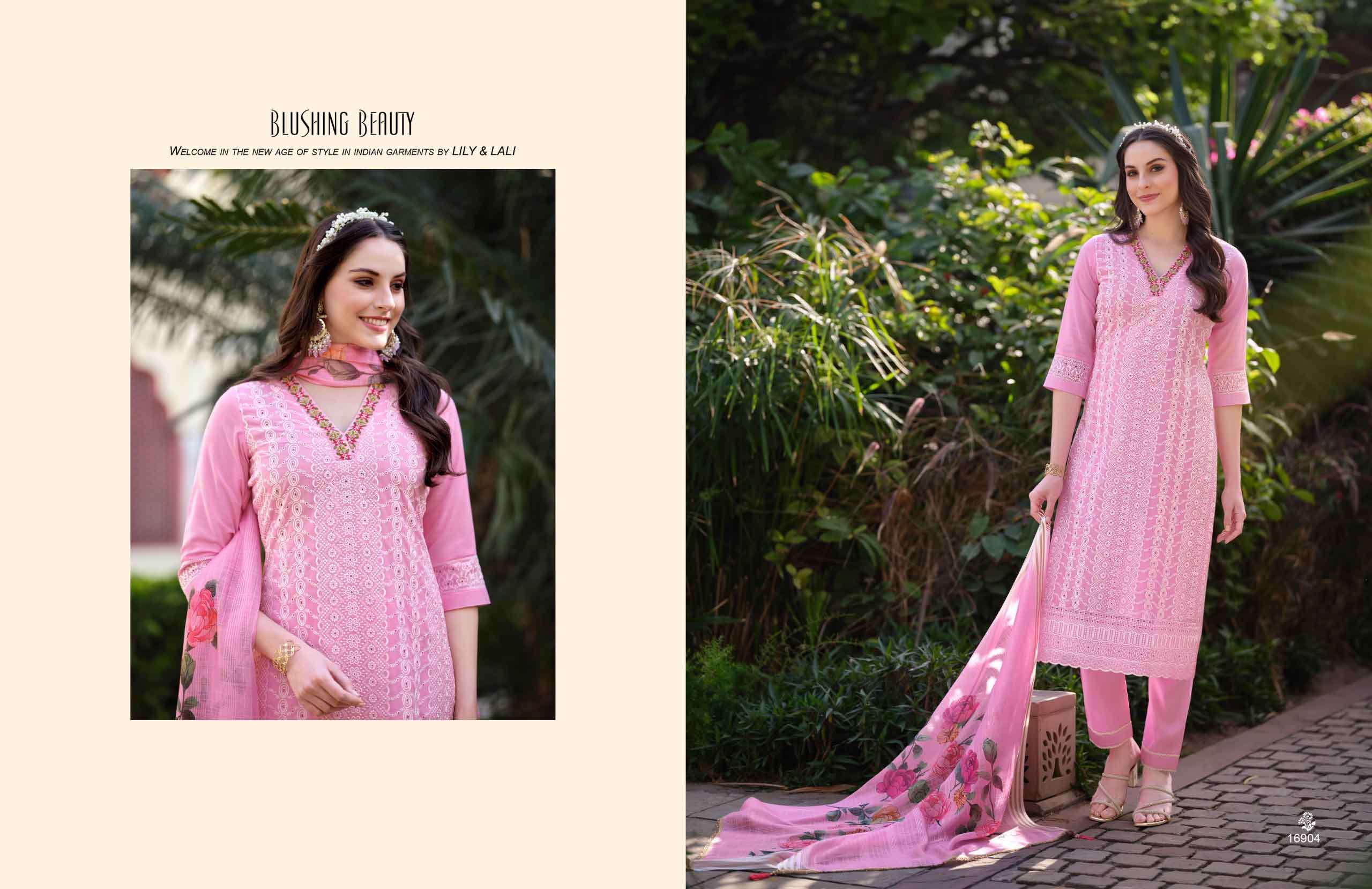 cotton carnival vol 2 lily lali Bored White Schiffli Work And Handwork on kurti pant dupatta