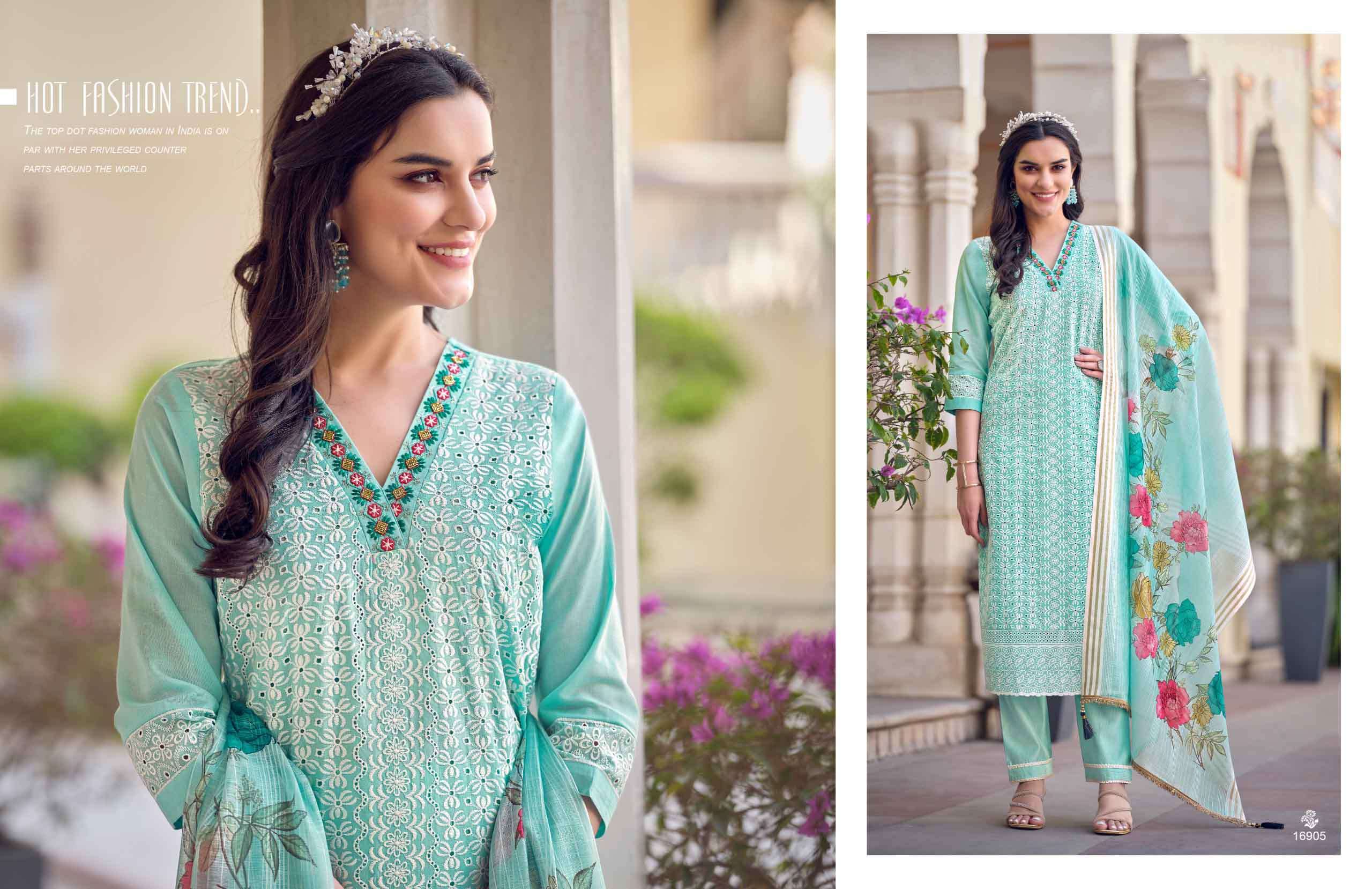 cotton carnival vol 2 lily lali Bored White Schiffli Work And Handwork on kurti pant dupatta