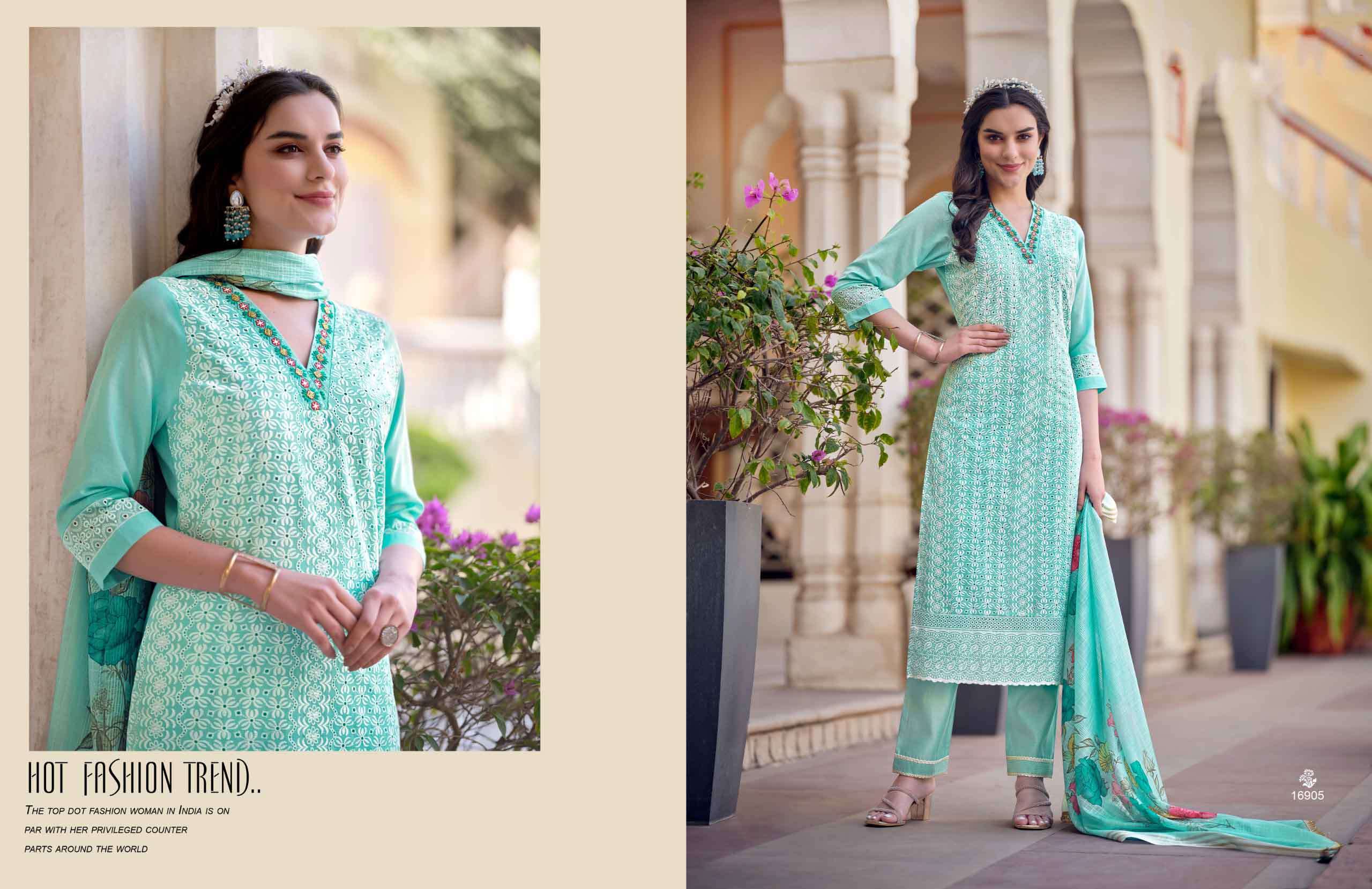 cotton carnival vol 2 lily lali Bored White Schiffli Work And Handwork on kurti pant dupatta