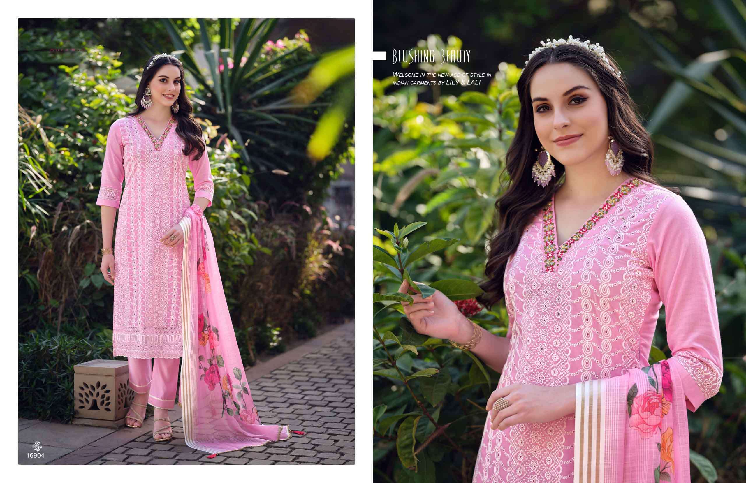 cotton carnival vol 2 lily lali Bored White Schiffli Work And Handwork on kurti pant dupatta