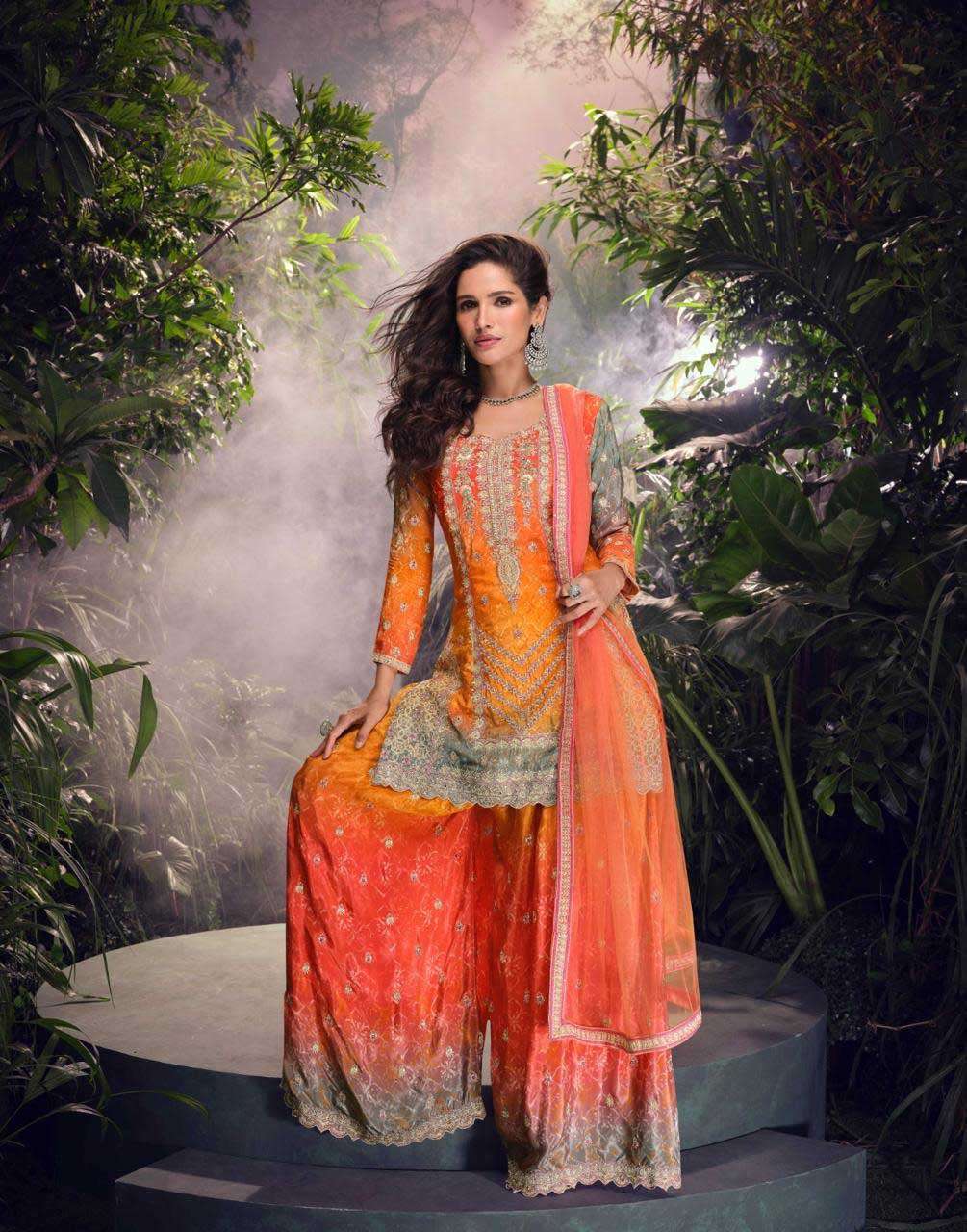 Carnival Sayuri Real Chinon Silk with Heavy Embroidery and Mirror work Designer Plazzo Suit for Wedding Season