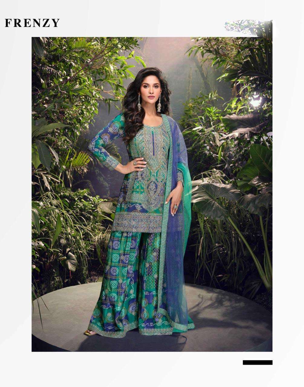 Carnival Sayuri Real Chinon Silk with Heavy Embroidery and Mirror work Designer Plazzo Suit for Wedding Season
