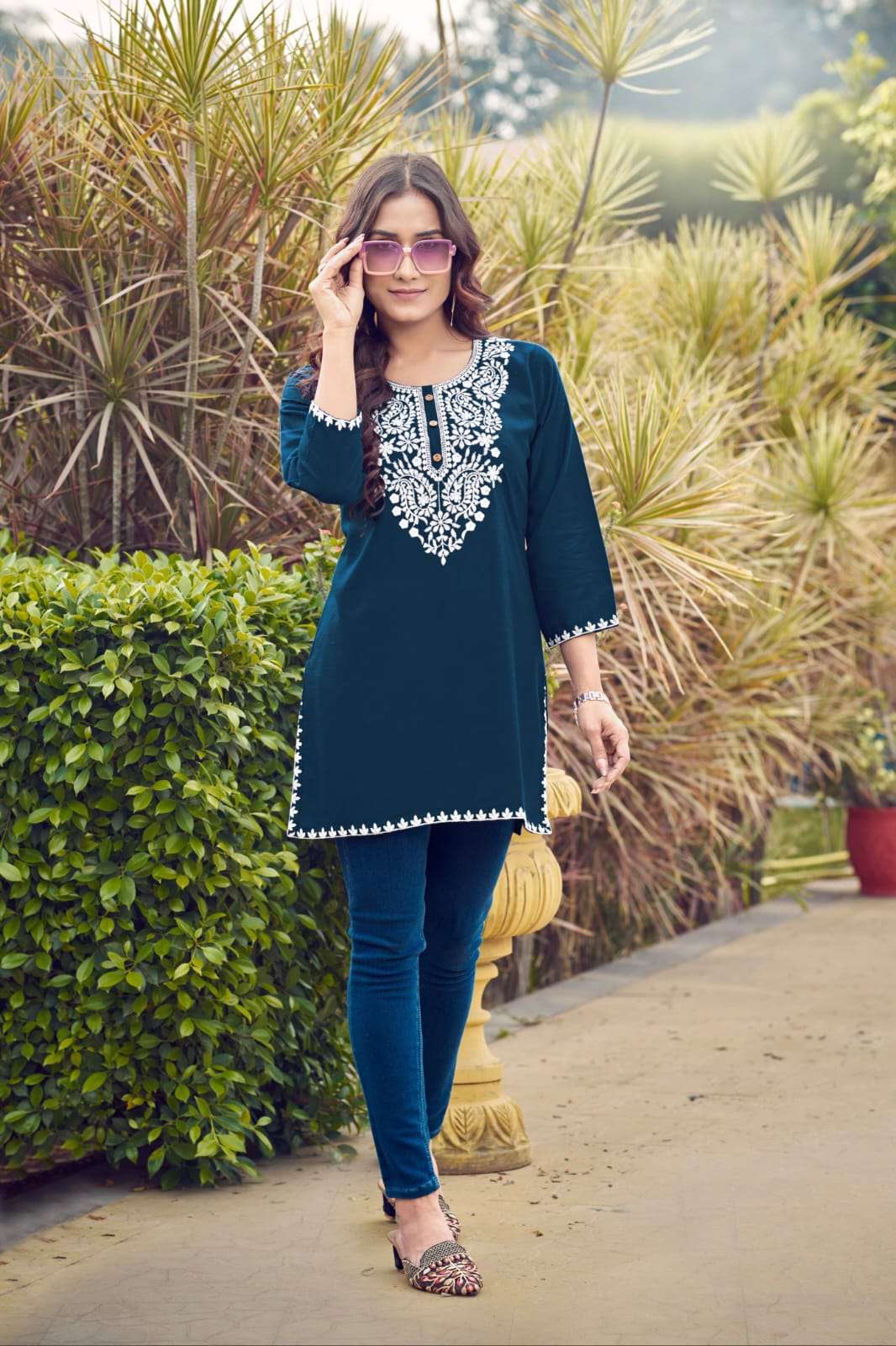ossm nora vol 6 heavy rayon embroidered fancy short top for summer collection