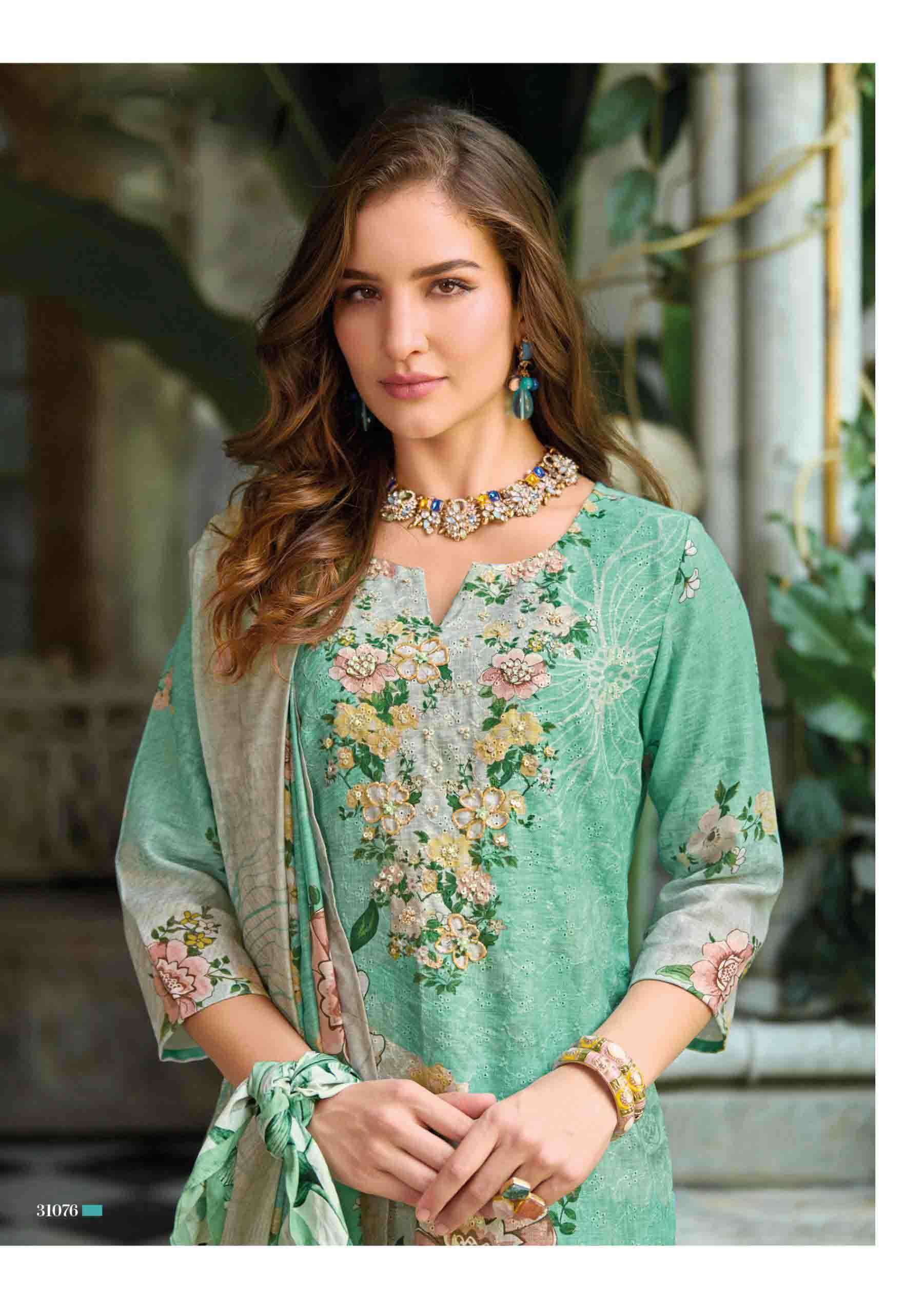 Summer Pastel 2 fancy handwork and Borer Schiffli work on linen Kurti pant dupatta set