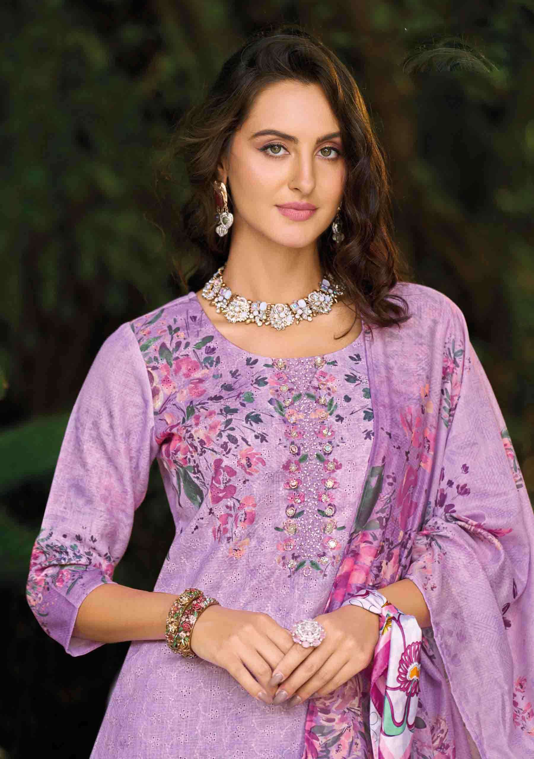 Summer Pastel 2 fancy handwork and Borer Schiffli work on linen Kurti pant dupatta set