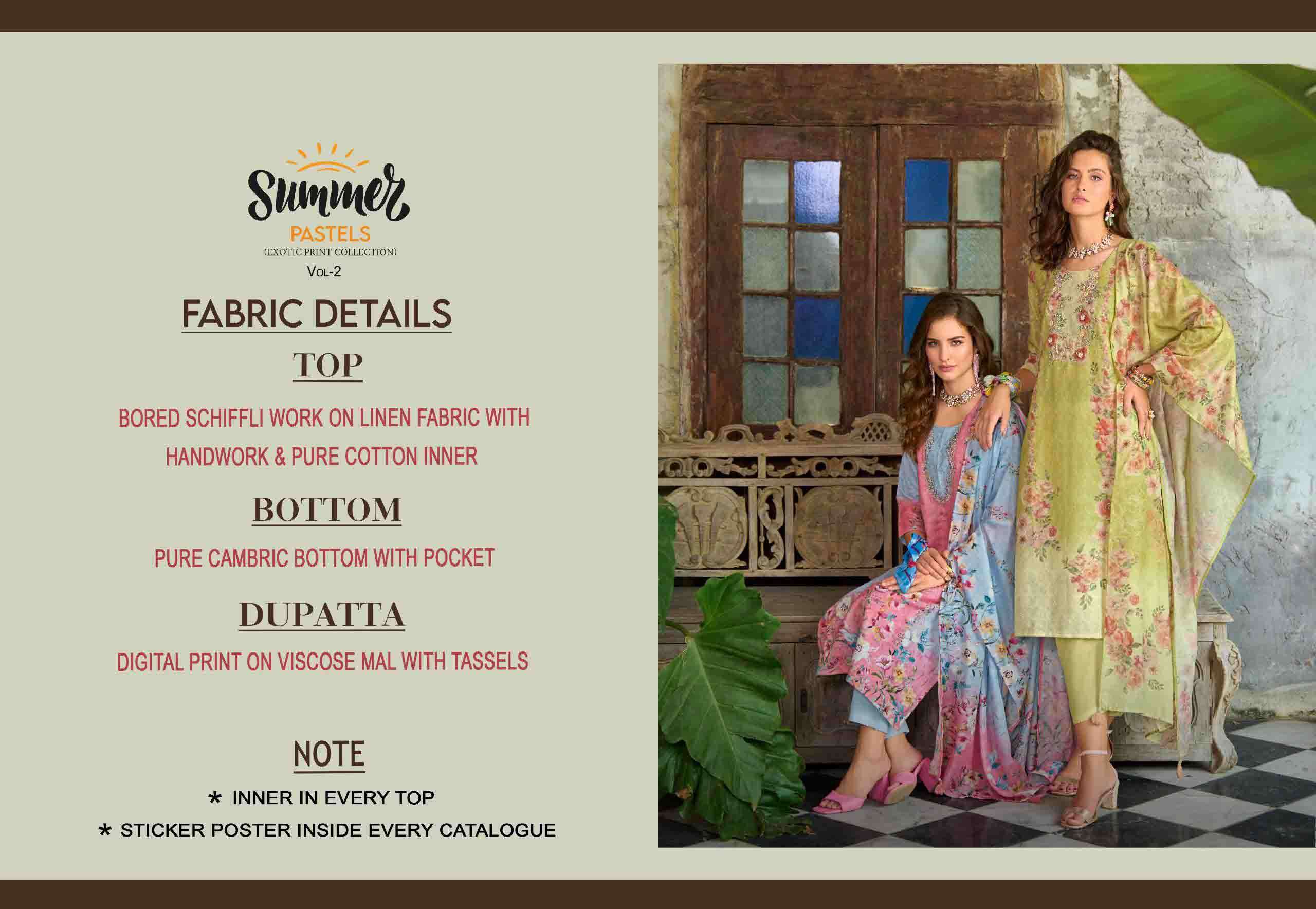 Summer Pastel 2 fancy handwork and Borer Schiffli work on linen Kurti pant dupatta set