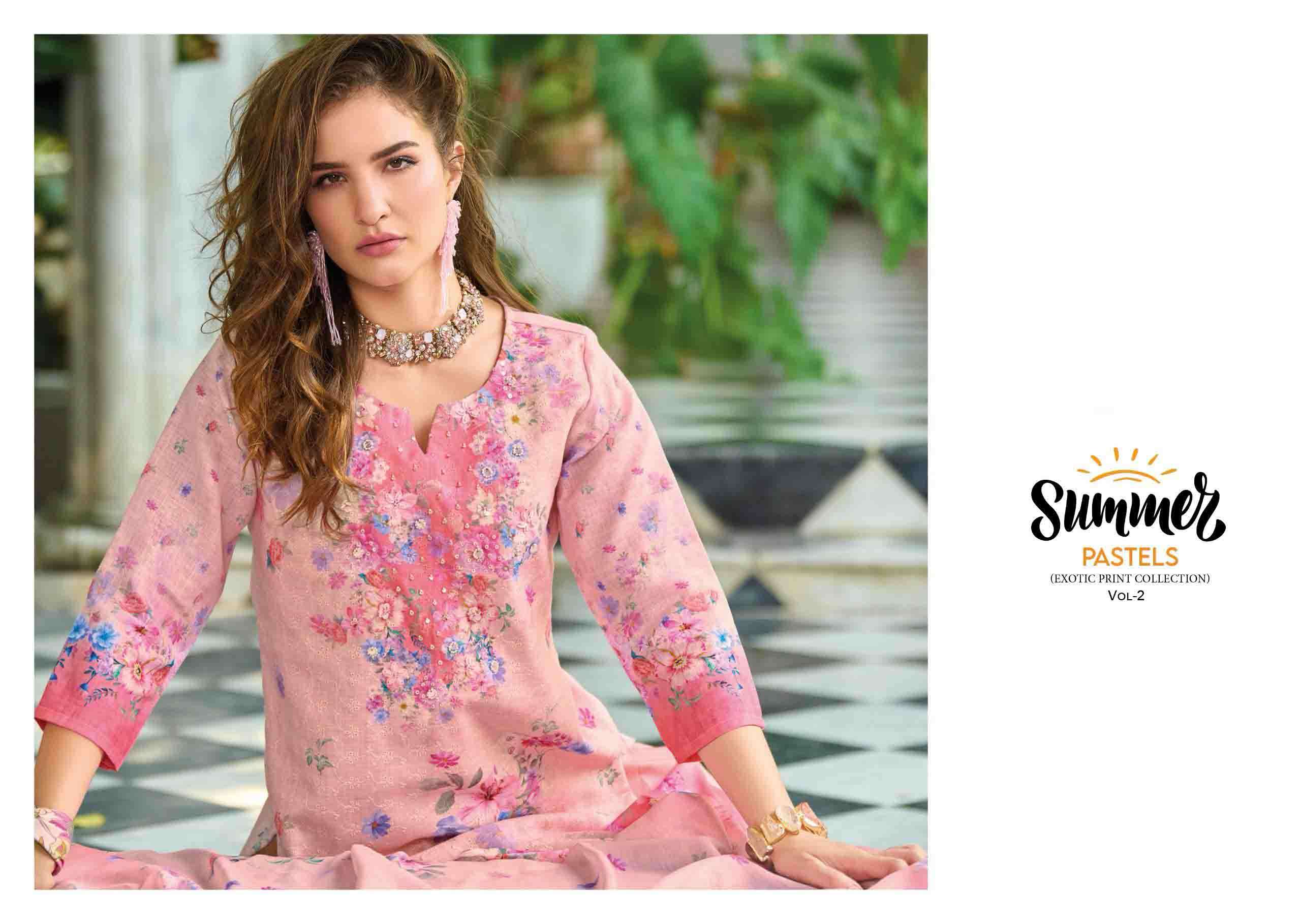 Summer Pastel 2 fancy handwork and Borer Schiffli work on linen Kurti pant dupatta set