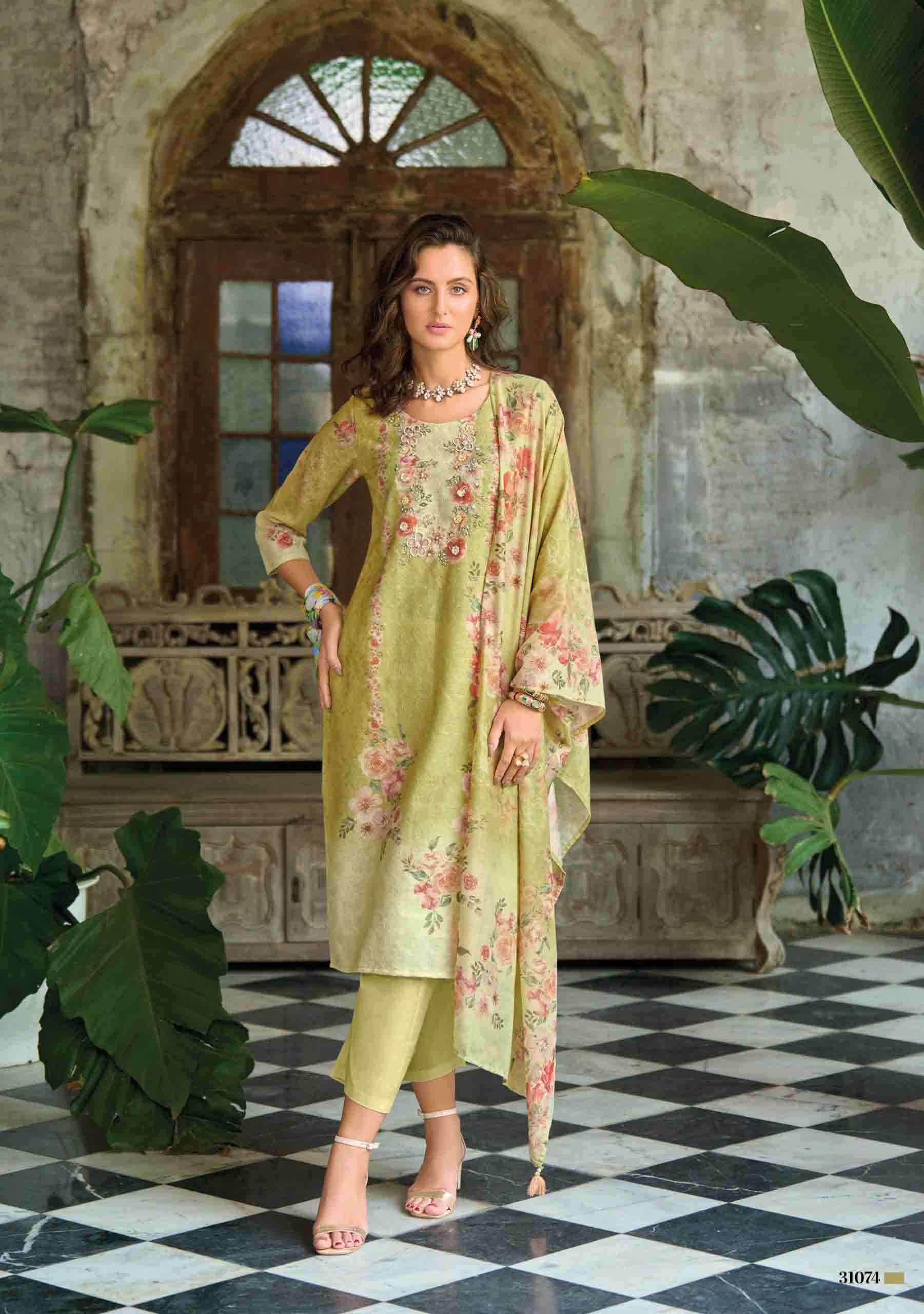 Summer Pastel 2 fancy handwork and Borer Schiffli work on linen Kurti pant dupatta set