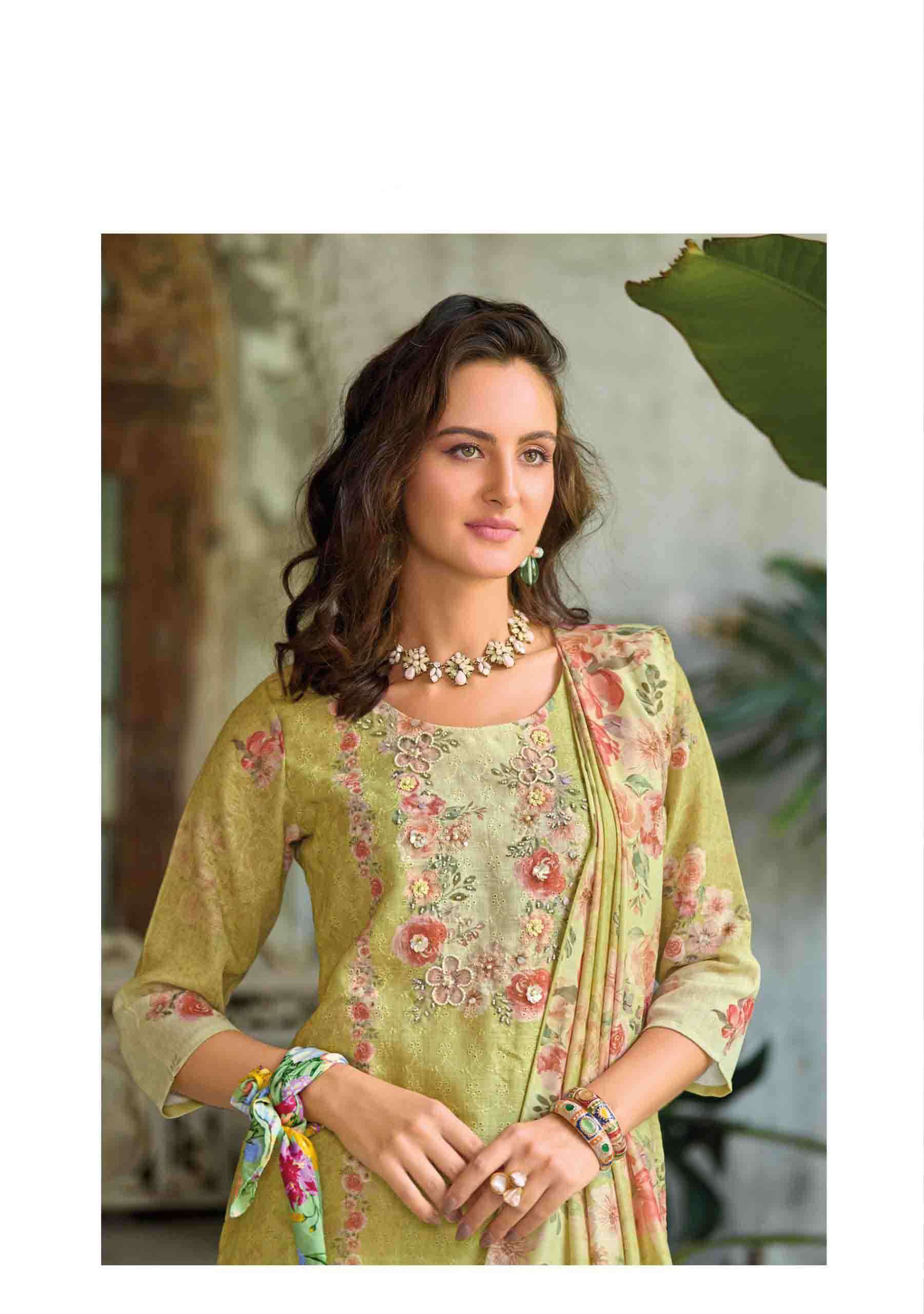 Summer Pastel 2 fancy handwork and Borer Schiffli work on linen Kurti pant dupatta set