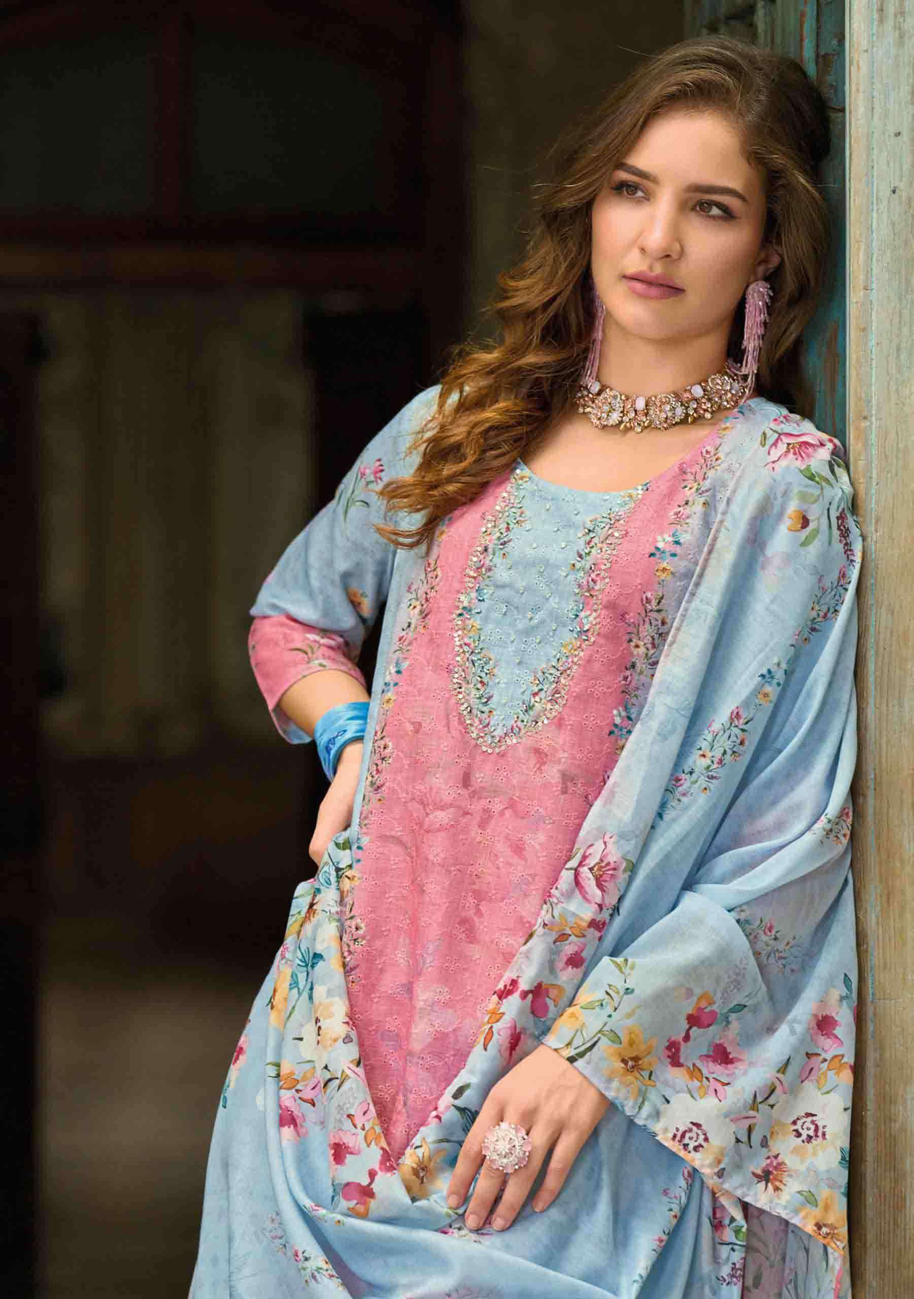 Summer Pastel 2 fancy handwork and Borer Schiffli work on linen Kurti pant dupatta set