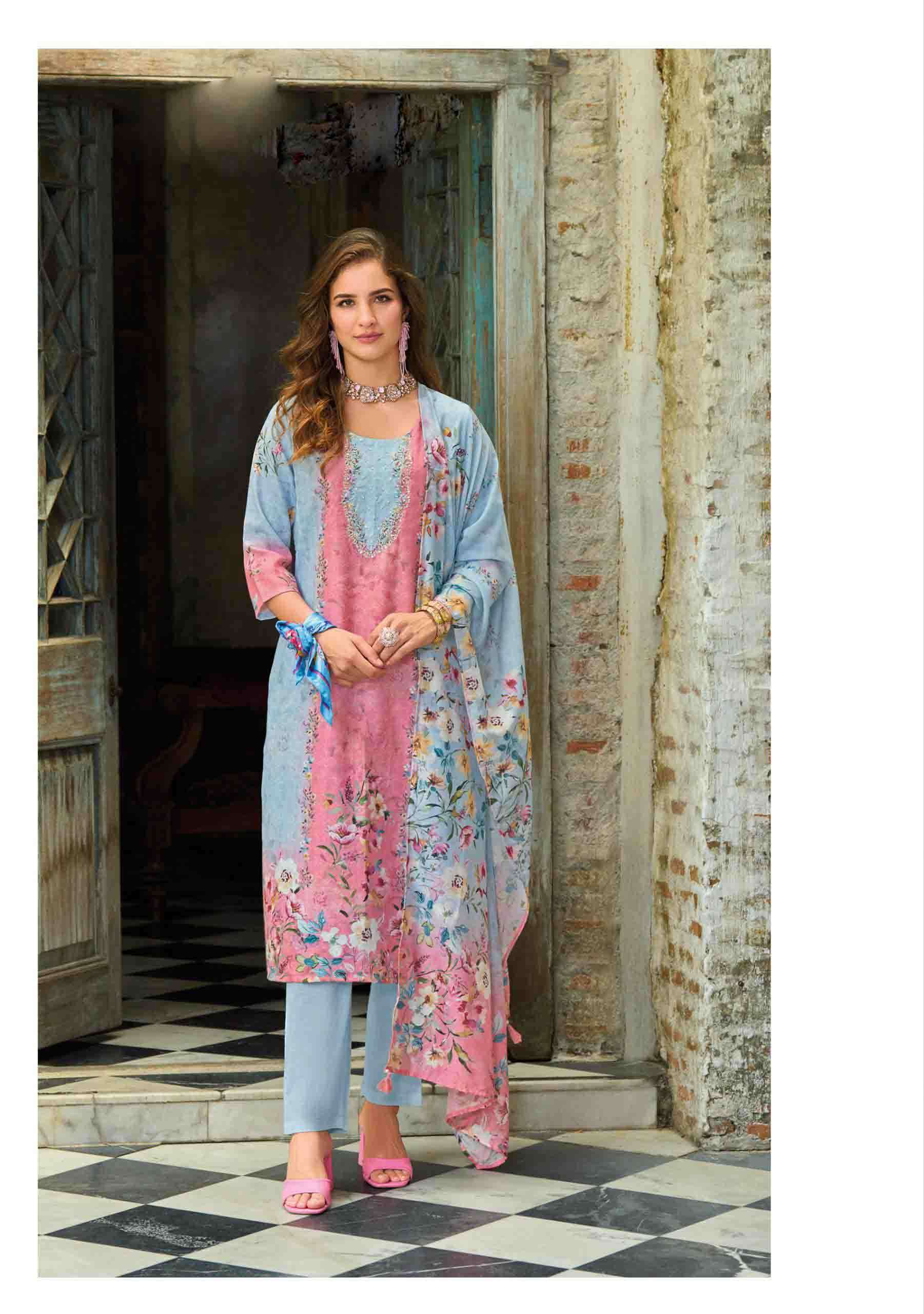 Summer Pastel 2 fancy handwork and Borer Schiffli work on linen Kurti pant dupatta set