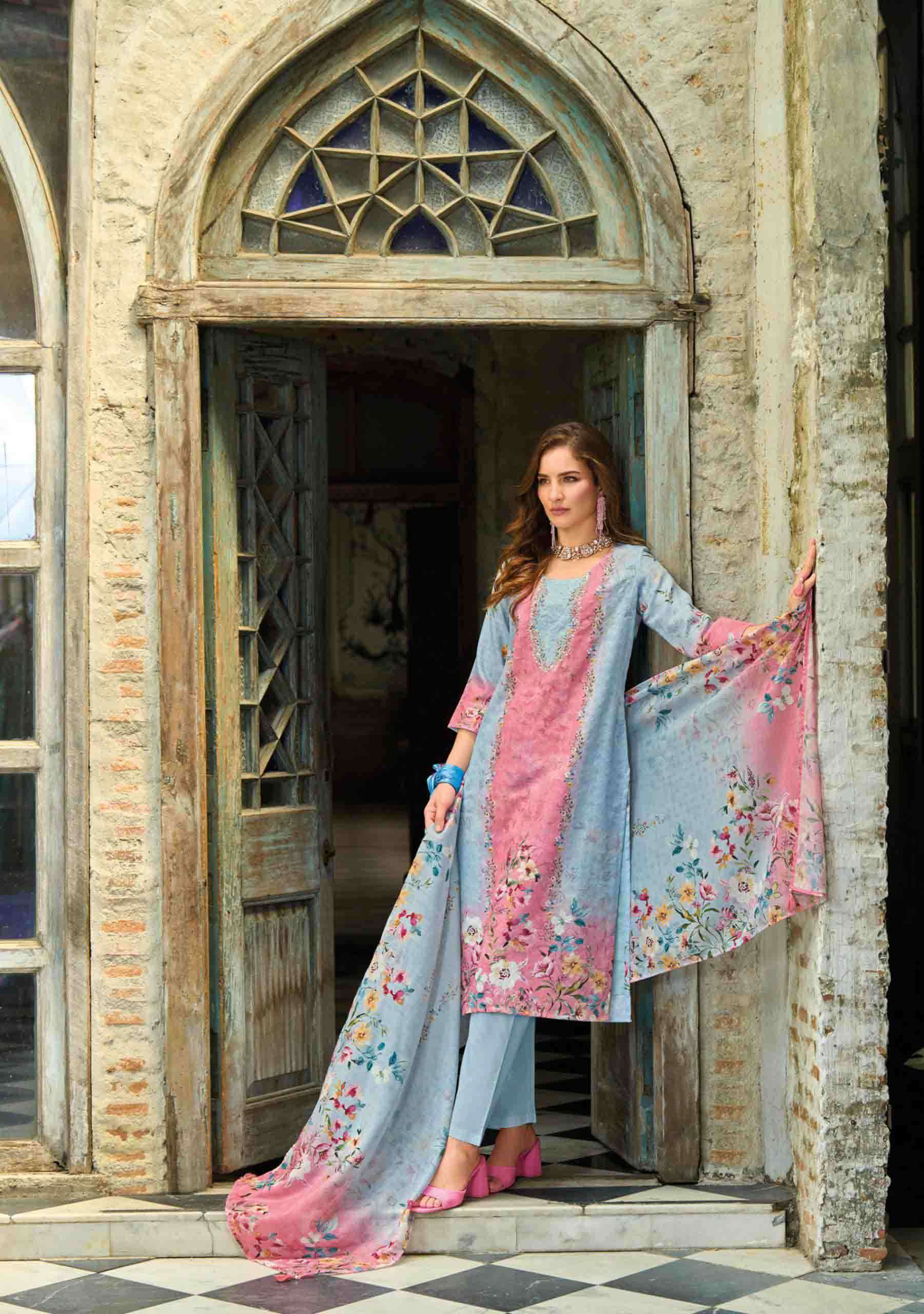 Summer Pastel 2 fancy handwork and Borer Schiffli work on linen Kurti pant dupatta set