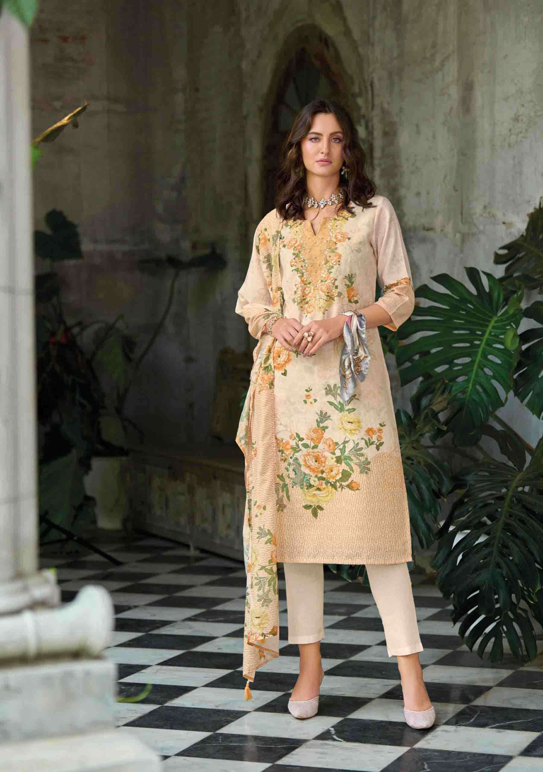 Summer Pastel 2 fancy handwork and Borer Schiffli work on linen Kurti pant dupatta set