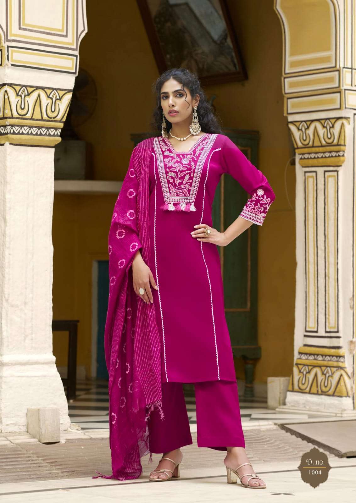 Vaani Karissa Premium pure heavy Linen with Cording work and handwork kurti pant dupatta set